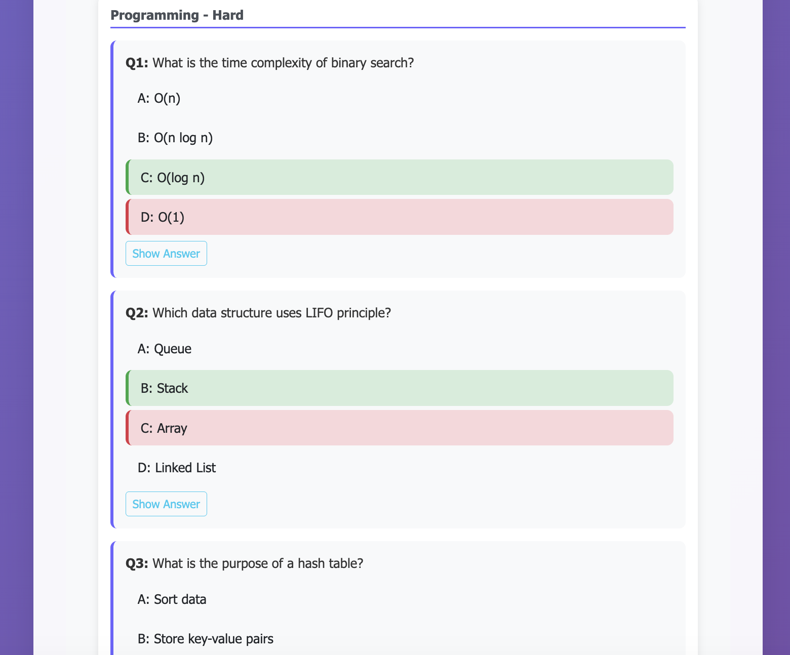 Exam question screen
