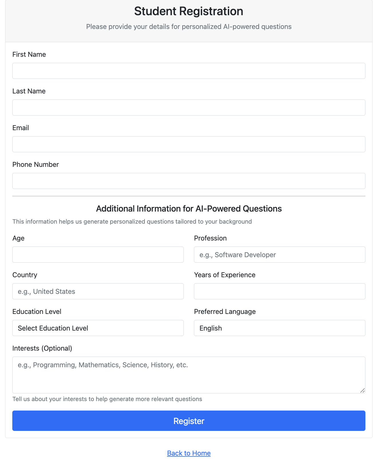 Student registration screen